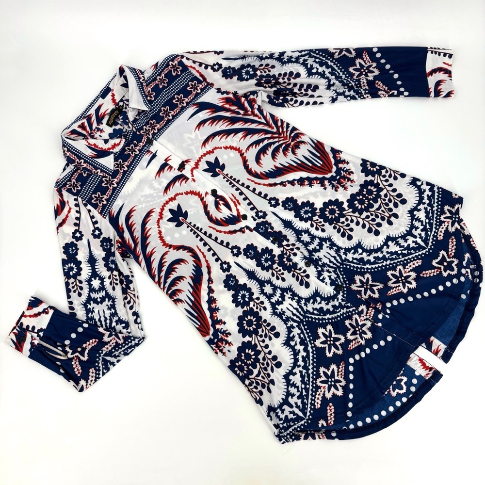 Reborn White, Red & Blue Abstract Paisley and Striped Buttoned Tunic Top, Medium